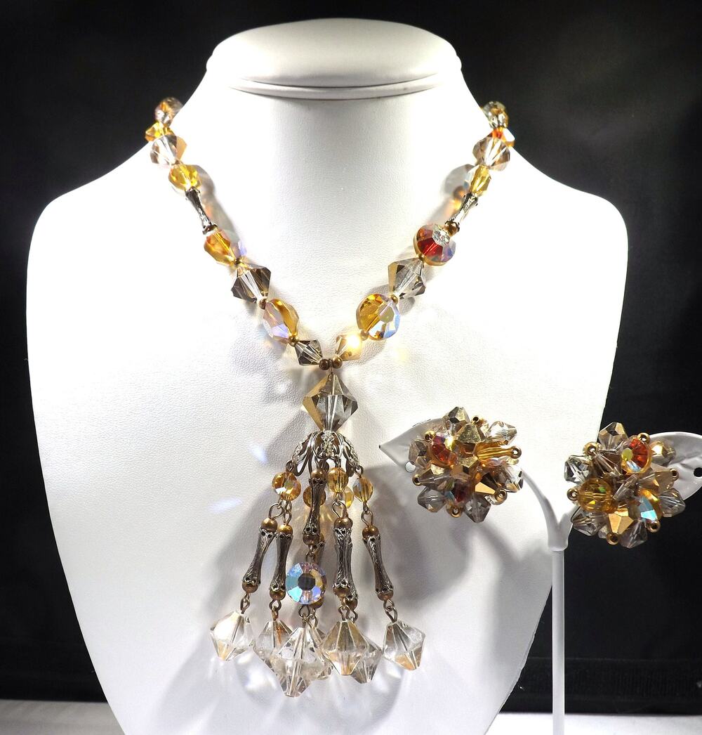 Topaz Crystal Aurora Borealis Gold Filigree Tassel Necklace Earrings, Vintage